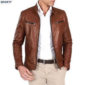 Veste en cuir marron pour homme, style classique Cafe Racer, veste de motard en cuir véritable avec poches zippées, coupe-vent en cuir - Product Image 4