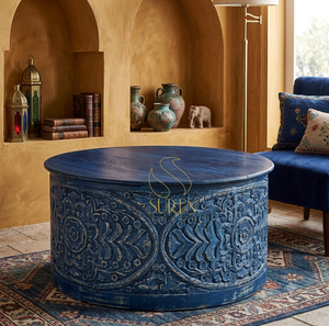Mesa de Centro Redonda Tallada con Detalles Azules, Mesa Decorativa para Sala de Estar, Mesa de Té - Product Image 1