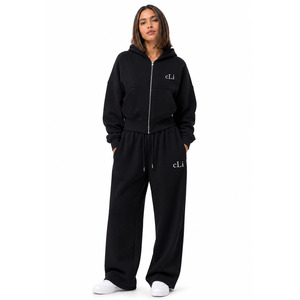 OEM Custom Logo Black <b>Cropped</b> <b>Zip</b> <b>Up</b> Tracksuit Heavyweight Fleece Oversize Hoodies High Waist Wide Leg Joggers Winter Sweatsuit  - Product Image 1