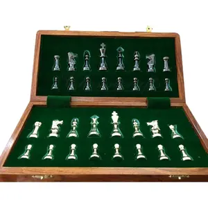 Brass Metal Staunton Chess Pieces/Coins Set with Folding Wooden Chess Board 14 inches