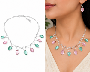 Antique Silver Plated Teardrop Zircon Beaded Ethnic <b>Statement</b> <b>Necklace</b> Women Bohemia Style Box Chain Green Pink Bezel Set - Product Image 1