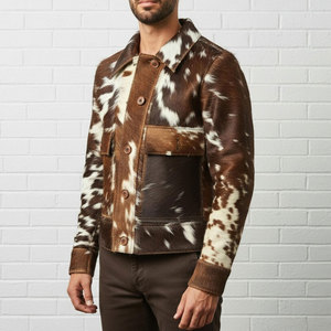 Men's <b>Cow</b> Print Hair On <b>Cow</b> Hide Leather Jacket Western Style Full Zip Front with Natural Fur Texture - Product Image 5