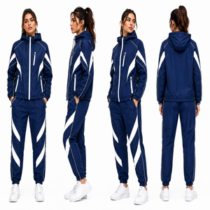 Conjunto Deportivo Unisex Azul Marino con Capucha y Cremallera, Diseño Deportivo con Logotipo Estampado, Material de Poliéster de Secado Rápido, Ropa de Otoño - Product Image 4
