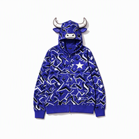 Sweat à capuche zippé intégral pour homme, style streetwear japonais Hip Hop, motif masque de taureau, 100% coton, polaire épaisse, imprimé camouflage abstrait étoilé rouge, coupe oversize