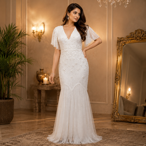 Luxury <b>White</b> Beaded Mermaid Evening Gown for Women Deep V Neck Short Sleeve Formal <b>Maxi</b> Dress Wedding Reception Party Dress - Product Image 3