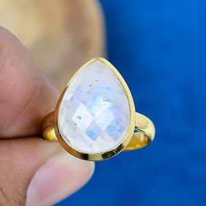 Handmade Rainbow Moonstone Pear Shape Gemstone 18k Gold Microne Over 925 Sterling <b>Silver</b> <b>Ring</b> - Product Image 2