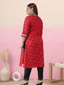 Conjunto de Dos Piezas de Kurti Recto con Estampado Floral de Algodón para Tallas Grandes, Rojo, Informal, Cómodo para el Verano, Largo hasta la Rodilla - Product Image 2