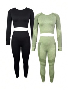 <b>Green</b> Seamless 2 Piece Yoga Set Scoop Neck Crop Top High Waist Full Length <b>Leggings</b> Ribbed Design Spandex Polyester Four-Way - Product Image 5