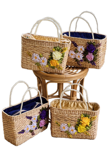 2024 nouveau Design forme carrée jacinthe d'eau à la main écologique Mini fourre-tout sac de plage femmes fermeture à glissière deux fleurs en soie mamans - Product Image 2