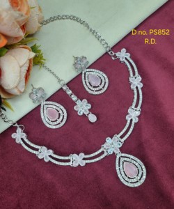 Silver Plated Teardrop Stone Necklace <b>Set</b> With Dangle Earrings And Tika Floral Cubic Zirconia Party Wear Jewelry <b>Set</b> Collections - Product Image 5