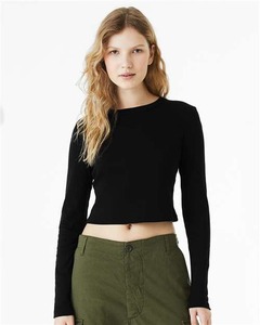 T-shirt court personnalisé pour femme à manches longues, coupe ajustée, en coton, col rond, basique, décontracté, OEM ODM, marque privée, application de mode - Product Image 3