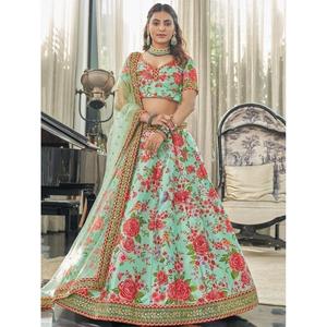 Menta verde floral impreso arte seda boda desgaste Lehenga Choli - Product Image 1