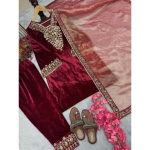 Designer Women's Suit Set Heavy Pure <b>Viscose</b> Velvet <b>Top</b> Bottom & Dupatta for Party Wear - Product Image 3