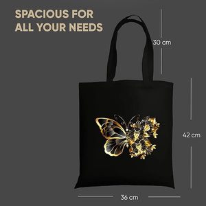 Sac fourre-tout élégant en toile noire minimaliste avec motif floral papillon doré, résistant à l'eau, fermeture magnétique pour le voyage et toutes les occasions - Product Image 2