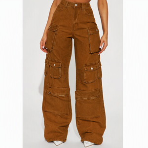 <b>Women's</b> High Waist <b>Black</b> Cargo <b>Pants</b> With Multiple Pockets Loose Fit Full Length Utility Style Dark Wash Denim - Product Image 6