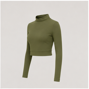 Womens Olive Green Turtleneck Long Sleeve <b>Cropped</b> <b>Fitted</b> <b>T</b> <b>Shirt</b> WTS-0074 - Product Image 3