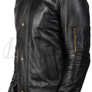 เสื้อแจ็คเก็ตบอมเบอร์หนังแท้สีดำสำหรับผู้ชาย สไตล์สตรีทแฟชั่นทันสมัย ทรงเข้ารูป พร้อมกระเป๋าที่แขนเสื้อ - Product Image 6