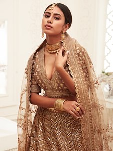 Golden Embroidered <b>Lehenga</b> Choli Set With Net Dupatta A-Line Wedding Outfit for Women - Product Image 3