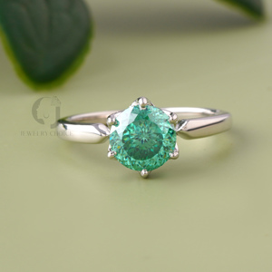 Handmade Antique Style Green Moissanite Engagement <b>Ring</b> Portuguese Cut <b>Solitaire</b> Wedding Band <b>Silver</b> Color Unique Jewelry - Product Image 1