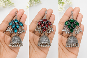 Vintage Oxidized Antique <b>Silver</b>-Plated Brass Blue Topaz Coral Green Onyx Bezel Set <b>Drop</b> Bollywood Jhumka <b>Earrings</b> High Quality - Product Image 5