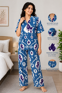 Floral Hand Block Print Short Night Suit Women Cotton Short Sleeve Shirt Shorts Set Casual Handmade Masterpiece Sleepwear Set - Product Image 2