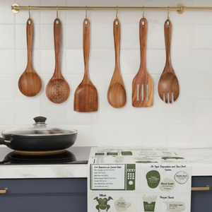 Juego de utensilios de cocina de madera de acacia con paño de cocina – Juego de 9 piezas no tóxicas, regalo para cocina estilo rústico - Product Image 4