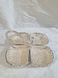 Plateau de service royal traditionnel en argent plaqué, 4 compartiments, motif paon, pour fruits secs, avec poignée - Product Image 3