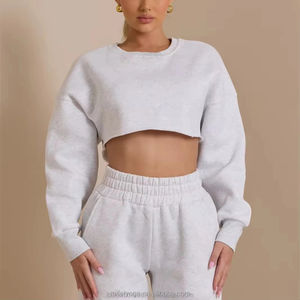 Conjunto Deportivo de Felpa Francesa para Mujer, Sudadera Corta con Cordones, Pantalones Jogger, Estilo Casual para Gimnasio, Entrenamientos, Relajación, Color Sólido - Product Image 1