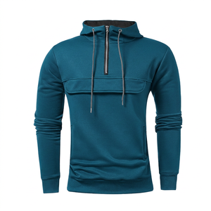 Sweat-shirt à capuche pour homme, couleur turquoise, col zippé, tricoté, manches longues, avec poche avant, coupe classique - Product Image 5