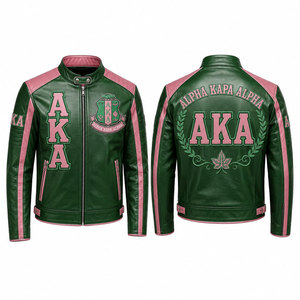 Chaqueta de Motociclista de Cuero PU Bordada Alpha Alpha para Hombre, Verde y Rosa, con Cierre de Cremallera, Cuello Alto y Resistente al Viento - Product Image 1