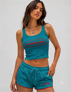 Conjunto de Dos Piezas para Mujer, Top Corto y Pantalones Cortos Color Verde Azulado, Sin Mangas, Tejido, Deportivo, Cuello Redondo, Largo por Encima de la Rodilla, con Logotipo Personalizado, Primavera Verano - Product Image 1