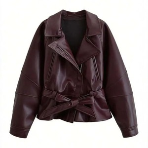 Oversized <b>Burgundy</b> Faux Leather Moto Jacket <b>Belted</b> Waist Zipper Closure Unisex Winter Style Windproof Rhinestone OEM Service - Product Image 1