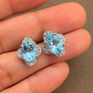 Rhaya Jewels Sterling <b>Silver</b> Rhodium Plated Romantic Floral Blue Topaz Prong Set <b>Stud</b> <b>Earrings</b> CZ Halo Wedding Engagement Party - Product Image 2