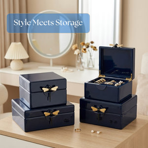 Modern Navy Blue Glass Decorative Box Set with Metallic Dragonfly Handle |Luxury Jewelry Organizer Cases for <b>Vanity</b> & Home Decor - Product Image 4
