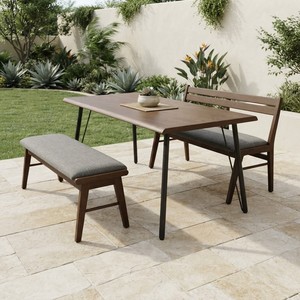 Traditional Outdoor Dining Set Teak Wood <b>Table</b> <b>Bench</b> Wood Frame Cushioned Weather Resistant <b>Garden</b> Furniture 4 Seater - Product Image 1
