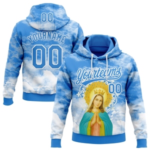 Sudadera con Capucha de Diseño Nuevo, Personalizada y Cosida, Color Azul Polvo y Blanco, con la Imagen de la Virgen María, Venta al Por Mayor Directa de Fábrica - Product Image 1