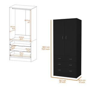 FM Furniture Prescott <b>Black</b> Armoire 2-<b>Door</b> <b>3</b>-Drawer <b>Wardrobe</b> with 1 Hanging Rod - Product Image 4