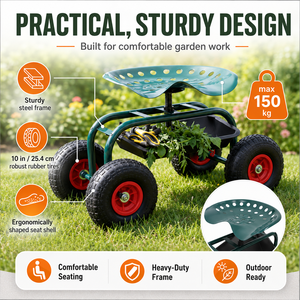 Portable Rolling <b>Seat</b> with <b>Storage</b> Tray 150kg Load 4 Pneumatic Wheels for Planting Weeding Pruning Outdoor Garden Work ODGGAD022 - Product Image 5