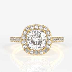 Anillo de compromiso de lujo con halo de diamantes de corte cojín y banda pavé para mujer, joyería fina para fiesta, venta al por mayor - Product Image 3