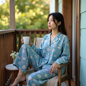 Twilight Elegance Artisan Crafted Blue Bird Print PJ Set para Sublime Comfort Camisa y pantalón - Product Image 5
