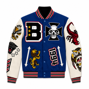 Blouson universitaire d'hiver en cuir brodé bleu de qualité supérieure, personnalisé, avec motif crâne et scorpion, rembourrage en polyester - Product Image 1