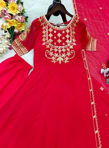 Traje Étnico para Mujer de Tres Piezas, con Bordado de Lentejuelas en Faux Georgette, Largo hasta el Suelo, Sin Arrugas, Elástico y Reversible, Ideal para Fiestas - Product Image 5