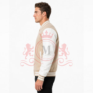 Refined Cream <b>White</b> Letterman <b>Jacket</b> Lightweight Material Button Closure Ribbed Finish Casual Everyday Outfit - Product Image 4