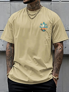 Men's Beige T-Shirt Short Sleeve O-Neck Digital <b>Print</b> Beach <b>Surf</b> Design Regular Fit 100% Cotton Jersey 220g Knit Breathable - Product Image 6