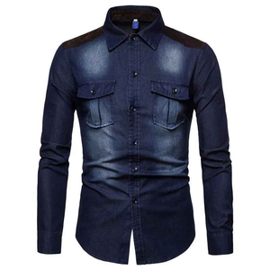 Premium Quality Hot Sale Men's Light Blue Denim Shirt Long Sleeve Slim Fit Turn-down Collar Patchwork Elbow <b>Patches</b> Casual - Product Image 2
