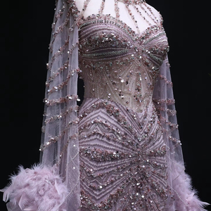 Jancember LSZ082 Robes <span class=keywords><strong>de</strong></span> Soirée Modestes à Capeline en Plumes et Cristaux - Product Image 5