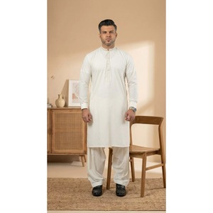 Factory Wholesale <b>Men's</b> Soft White Boski Cotton Salwar Kameez Long Embroidered Formal Button Fly Traditional <b>Men</b> Wear - Product Image 2