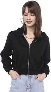 Sudadera Corta Negra con Cierre Frontal para Mujer, Sudadera Informal de Color Sólido, Manga Larga, Tejida, para Otoño - Product Image 4