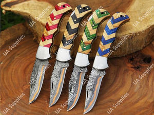 Cuchillo Plegable EDC de Acero Damasco y Cobre UA Supplies con Mango de Madera Pakka Oliva y Hoja Clip Point para Supervivencia al Aire Libre - Product Image 6