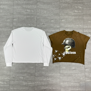 Camiseta de Manga Larga con Estampado DTG Personalizado, Efecto Salpicado, 2 Piezas, Tejido Grueso, Lavado Ácido, Efecto Desgastado por el Sol, Bajo sin Rematar, Textura Waffle - Product Image 4